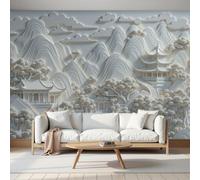 3D Wall Mural Oriental Landscape Architecture Mountain Cloud Relief Photo Wallpaper, Beige Non-Woven Wall Mural Decoration Poster Modern 400X280Cm (W X H) Wallpaper For Living Room Kids Bedroom
