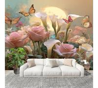3D Wall Mural Photo Wallpaper Butterflies Roses Calla Lilies Non-Woven Wall Mural Pink Decoration Poster Picture Modern 250x175 cm Wallpaper for livingroom Kids Bedroom