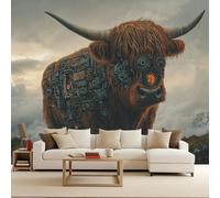 3D Wall Mural Punk Mechanical Bull Non-Woven 300x210cm Wallpaper Cow Grassland Large Photo Wallpaper Animal Poster Picture Design for Living Room Bedroom Decor