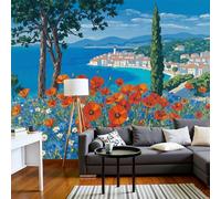 3D Wall Mural Red And Blue Poppy Mediterranean Photo Wallpaper, Retro Coastal Style Silk Wall Mural Decoration Poster Picture Design Modern 450x315cm (W x H) Murals for Living Room Kids Bedroom