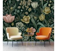 3D Wall Mural Retro Farmhouse Tulip Wildflowers Garden Non-Woven Wall Mural Decoration for Living Room Kids Bedroom 250 x 175 cm Photo Poster Wallpaper Dark Green Background Theme Wallpaper