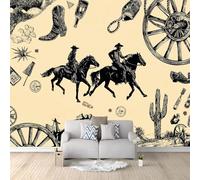 3D Wall Mural Retro Horse Nostalgia Cactus Art 400 x 280 cm Luxury Non-Woven Wall Covering - Decoration Photo Wallpaper Picture, Ideal for Living Room Kids Bedroom Home Decor Light Yellow