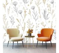 3D Wall Mural Simple Golden Lines Wildflowers in The Meadow Non-Woven Wall Mural Decoration for Living Room Kids Bedroom 400 x 280 cm Photo Poster Wallpaper Cream Background Theme Wallpaper