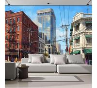 3D Wall Mural Streets Tradition Architecture Pattern Print Photo Wallpaper, Sky Blue Silk Fabric Mural Decoration Poster Picture, Design Oil Painting 400x280cm Murals for Living Room Kids Bedroom
