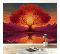 3D Wall Mural Sunset at The Tree of Life, Orange Color Print Photo Wallpaper, Premium Non-Woven Wall Mural Decoration Poster Design, 200 x 140 cm Wallpaper for Living Room Bedroom