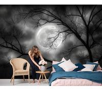 3D Wall Mural The Full Moon Shines Through The Branches Photo Wallpaper, Dark And Mysterious Style Wall Murals Decoration Poster Picture Design Modern 450x315cm Mural for Living Room Kids Bedroom