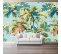 3D Wall Mural Tropical Coconut Trees Palm Trees Print Photo Wallpaper, Luxury Non-Woven Wall Mural Decoration Poster Picture Design Modern Sage Green Yellow 300 X 210 Cm Wallpaper Living Room