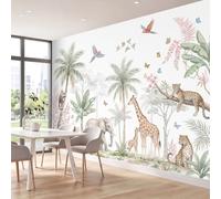 3D Wall Mural Tropical Hand Drawn Print Woodland Elephants Giraffes Palm Trees Photo Wallpaper, Non-Woven Mural Decoration Poster Picture 400 x 280 cm Wallpaper for Living Room Kids Bedroom