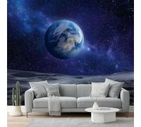 3D Wall Mural Universe Print Photo Wallpaper, Luxury Non-Woven Wall Mural Decoration Poster Picture Design Modern Blue Earth Moon Surface 300 X 210 Cm Wallpaper Living Room