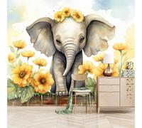 3D Wall Mural Wallpaper Cartoon Elephant Flowers 150x130cm，Cute Animals Wall Mural Silk Wall Decor Art for Bedroom