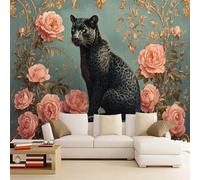 3D Wall Mural Wallpaper European Luxury Black Panthers 230x180cm,Pink Flowers Wall Mural Silk Wall Decor Art for Bedroom