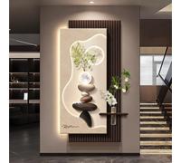 3D Wall Sculpture Painting Decoration with Light, LED Wall Sculptures with Glass Vase & Simulated Green Plant, Moon Sandstone Wall Lamp for Living Room Entrance(C,40 * 80cm)
