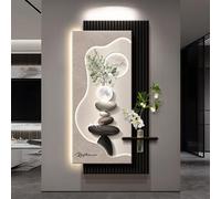 3D Wall Sculpture Painting Decoration with Light, LED Wall Sculptures with Glass Vase & Simulated Green Plant, Moon Sandstone Wall Lamp for Living Room Entrance(D,60 * 120cm)
