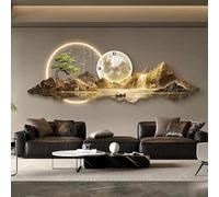 3D Wall Sculptures with LED Light and Clock, Oriental Decor Traditional Chinese Landscape Hanging Art, Metal Wall Painting for Living Room, Bedroom, Hallway(A,120 * 40cm)