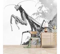 3D Wallpaper 250x180cm Black and White Praying Mantis Removable Wallpaper Seamless 3D Wall Art Printed on Oil Painting Canvas for Living Room or TV Background Installation EB24-5134