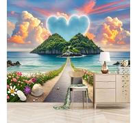3D Wallpaper 250x180cm Heart-Shaped Clouds On Island Removable Wallpaper Seamless 3D Wall Art Printed on Oil Painting Canvas for Living Room or TV Background Installation EB24-107