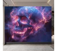 3D Wallpaper 250x180cm Purple Flame Skull Removable Wallpaper Seamless 3D Wall Art Printed on Oil Painting Canvas for Living Room or TV Background Installation EB24-8803