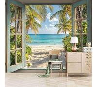 3D Wallpaper 250x420cm Beach with Coconut Trees Outside The Window Blue Wallpaper for Living Room Large 3D Canvas Art,Edge-to-Edge Oil Painting Texture,Suitable for Office or Creative Space EB24-4873