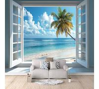 3D Wallpaper 250x420cm Beach with Coconut Trees Outside The Window Blue Wallpaper for Living Room Large 3D Canvas Art,Edge-to-Edge Oil Painting Texture,Suitable for Office or Creative Space EB24-4852