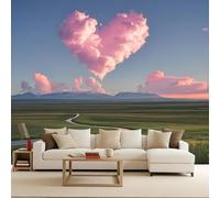 3D Wallpaper 250x420cm Pink Heart-Shaped Cloud Grassland Blue Wallpaper for Living Room Large 3D Canvas Art, Edge-to-Edge Oil Painting Texture, Suitable for Office or Creative Space EB24-1542