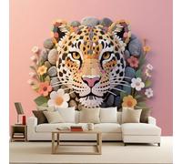 3D Wallpaper 300x210cm Pink Stone Puzzle Leopard Nursery Wallpaper Seamless Oil Painting Canvas Wall Decor for Modern Living Rooms or Open-Concept Home Areas EB24-1155
