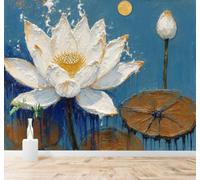 3D Wallpaper Abstract Hand Drawn White Lotus Blue Background Golden Moon | Silk Texture Suitable for the Home Study Office Schemes Dining Rooms Sofas Bedrooms Living Rooms TV Feature Walls-150cm×105cm