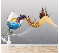 3D Wallpaper Abstract Wave Pattern Wine Glass Golden Liquid Sailing Boat | Premium Textured Silk Fabric Perfect for Decorating Living Rooms Bedrooms Studies Offices Dining Rooms TV Walls-300cm×210cm