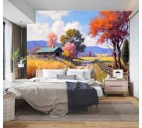 3D Wallpaper Autumn Colourful Trees Houses Dirt Track Rural Landscape | Creative Modern Murals Home Decor Study Living Room Bedroom Sofa Background Feature the Wall Decoration Luxury-400cm×280cm