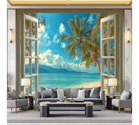 3D Wallpaper Beach Palm Trees 300 x 210 cm Wall Murals, Shop Window Display Non-Woven Photo Wall Mural for Living Room Bedroom Children's Room Office Decoration, Easy to Install
