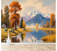 3D Wallpaper Beautiful Autumn Forests Rivers Deer And Snow Capped Mountains | Premium Textured Silk Fabric Perfect for Decorating Living Rooms Bedrooms Studies Offices Dining Rooms TV Walls-350cm×256cm