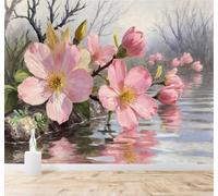 3D Wallpaper Beautiful Pink Cherry Blossoms Reflection On Water Spring