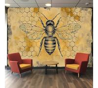 3D Wallpaper, Bee Etching Style with Black White Detailed Linework & Honeycomb Background, Polyester Material for Living Room Bedroom Lounge Hall Decor