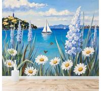 3D Wallpaper Blue Sea Sailing Boat Flowers Butterflies Coastal Scenery | Silk Texture Suitable for the Home Study Office Schemes Dining Rooms Sofas Bedrooms Living Rooms TV Feature Walls-150cm×105cm