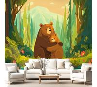 3D Wallpaper Cartoon, Illustrated, Animal 300 x 210 cm Wall Mural,Brown Bear, Pine Trees, Forest Wallpaper Mural for Bedroom, Kindergarten, Scenic Garden Wall Hanging