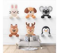 3D Wallpaper Cartoon Puppy Penguin 250x175cm,Modern Art Wall Murals Photo Wall Mural Deer Raccoon,for Living Room Bedroom Children's Room Home Decoration, Easy to Install