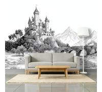 3D Wallpaper Castle Stone Bridge River 450 x 315 cm Wall Mural, for Ink Wash Painting Classical Living Room Study Non-Woven Photo Wallpaper Premium Feature Wall Mural
