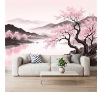 3D Wallpaper Cherry Blossom Tree River Mountains 500 x 280 cm Non-Woven Photo Wallpaper, Oriental Chinese Ink Wash Photo Wall Mural for Bedroom Study Game Room Nursery Living Room Decor