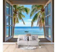 3D Wallpaper Coconut Tree On The Sea 500x280cm,Modern Art Wall Murals Photo Wall Mural Scenery Outside The Window,for Living Room Bedroom Children's Room Home Decoration, Easy to Install