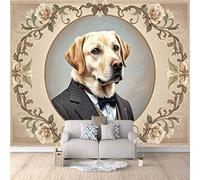 3D Wallpaper Dog in A Suit 300x256cm,Modern Art Wall Murals Photo Wall Mural Flowers,for Living Room Bedroom Children's Room Home Decoration, Easy to Install