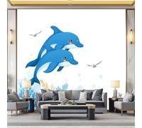 3D Wallpaper Dolphins Coral Reef 400 x 280 cm Wall Murals, Cartoon Animals Non-Woven Photo Wall Mural for Living Room Bedroom Children's Room Office Decoration, Easy to Install