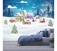 3D Wallpaper For Living Room Bedroom Cartoon Christmas Winter Village 400(W)X280(H)Cm Dining Room Wallpaper Mural 3D Peel And Stick Self-Adhesive Wall Sticker Girl Room Decorate Wall Wallpaper-3000221