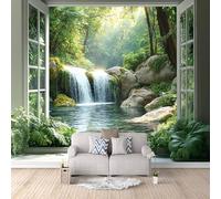 3D Wallpaper Forest Waterfall Lake 300x256cm,Modern Art Wall Murals Photo Wall Mural Outside The Window,for Living Room Bedroom Children's Room Home Decoration, Easy to Install