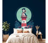 3D Wallpaper Fresh Cartoon 350 x 256 cm Wall Mural,Penguin Lighthouse Moon Wallpaper Mural for Bedroom, Kindergarten, Scenic Garden Wall Hanging