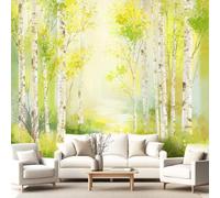 3D Wallpaper Fresh, Serene, Scenery 400 x 280 cm Wall Mural,Silver Birch Forest, Pathway, Yellow Flowers Wallpaper Mural for Bedroom, Kindergarten, Scenic Garden Wall Hanging
