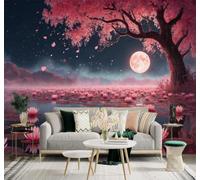 3D Wallpaper Full Moon Pink Lotus Pond Cherry Blossom Trees Light Mist | Creative Modern Murals Home Decor Study Living Room Bedroom Sofa Background Feature the Wall Decoration Luxury-350cm×256cm