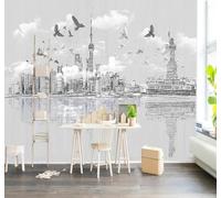 3D Wallpaper Hand Drawn Black and White Architecture Birds in Flight | Easy to Install Ideal for Creating Luxurious Décor in Bespoke Offices Living Rooms Bedrooms and Behind TV Screens-350cm×256cm