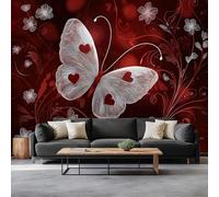 3D Wallpaper Heart-Winged Butterfly Flowers 350 x 256 cm Wall Murals, Valentine’S Day Theme Non-Woven Photo Wall Mural for Living Room Bedroom Children's Room Office Decoration, Easy to Install