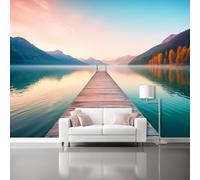 3D Wallpaper Landscape Pier Lake Print Peel and Stick Wall Mural, 200 x 140 cm Home Decoration Non-Woven Murals for Living Room Bedroom Children's Room - Blue Background Wall Decor