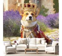 3D Wallpaper Luxury, Fantasy, Whimsical 350 x 256 cm Wall Mural,Crown, Corgi Dog, Animals Wallpaper Mural for Bedroom, Kindergarten, Scenic Garden Wall Hanging