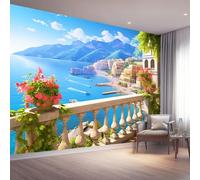 3D Wallpaper Mediterranean Style Terrace Sea View Print Peel and Stick Wall Mural, 400 x 280 cm Home Decoration Non-Woven Murals for Living Room Bedroom Children's Room - Blue Background Wall Decor